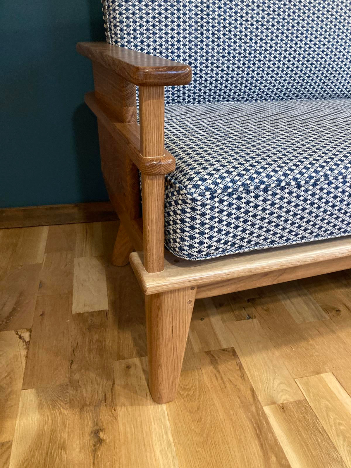 Handmade MCM Style Oak Loveseat with Custom Upholstery