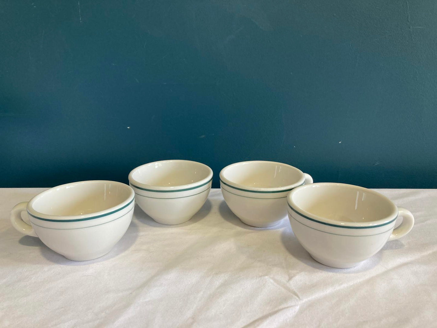 Vintage Syracuse China Restaurant Mugs with Double Green Band, Set of 4