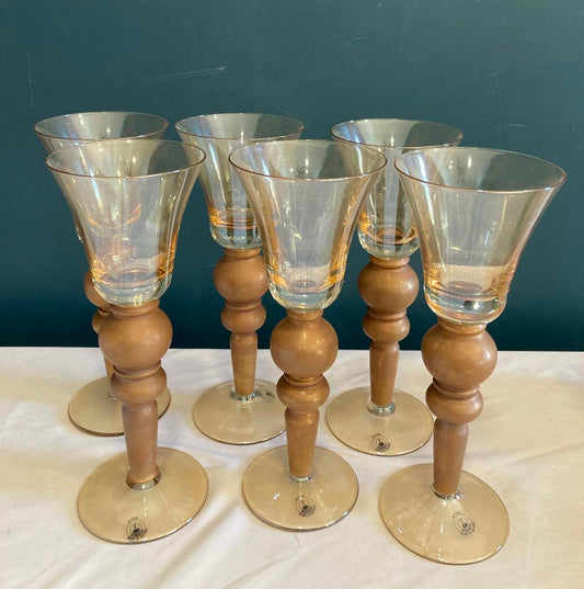 Vintage Bombay Glass Amber Wine Glasses With Gold Bases- Set of 6