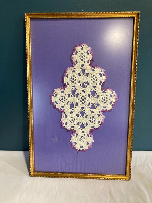Vintage Handmade White Doily Lace with Purple Edges Framed