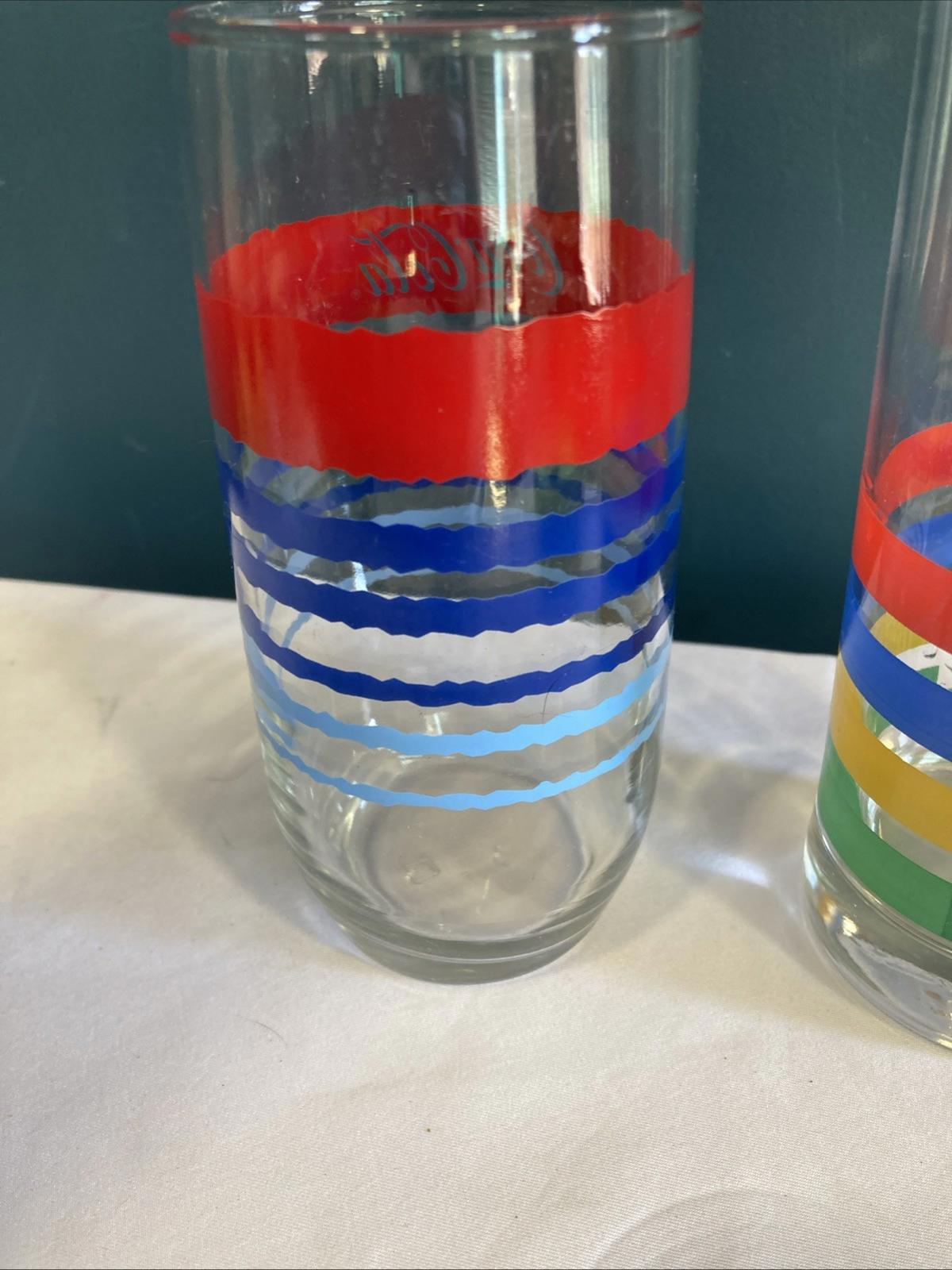 Vintage Set of 2 Coca Cola Striped Drinking Glasses 12 oz Soda Tumblers