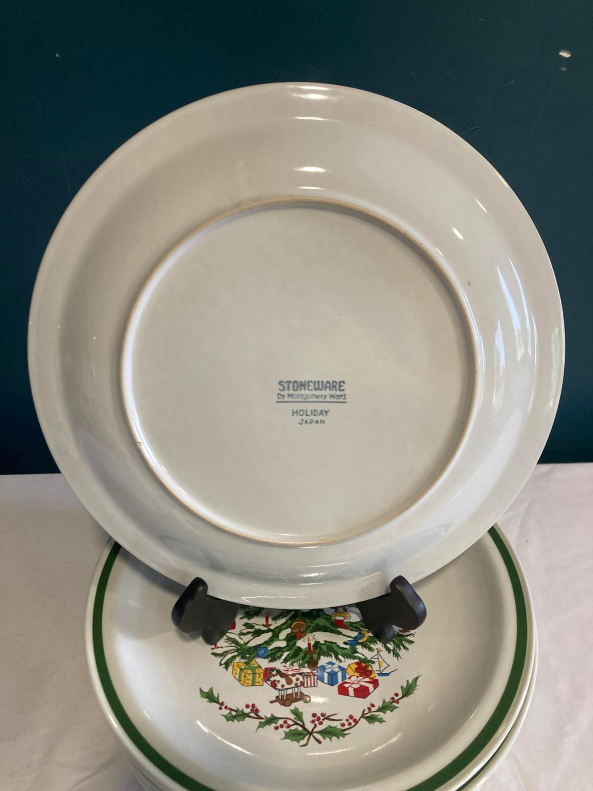 Vintage Stoneware Christmas Tree Plates by Montgomery Ward, Set of 12