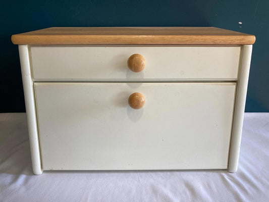 Vintage White Wooden Bread Box with Lift Up Top