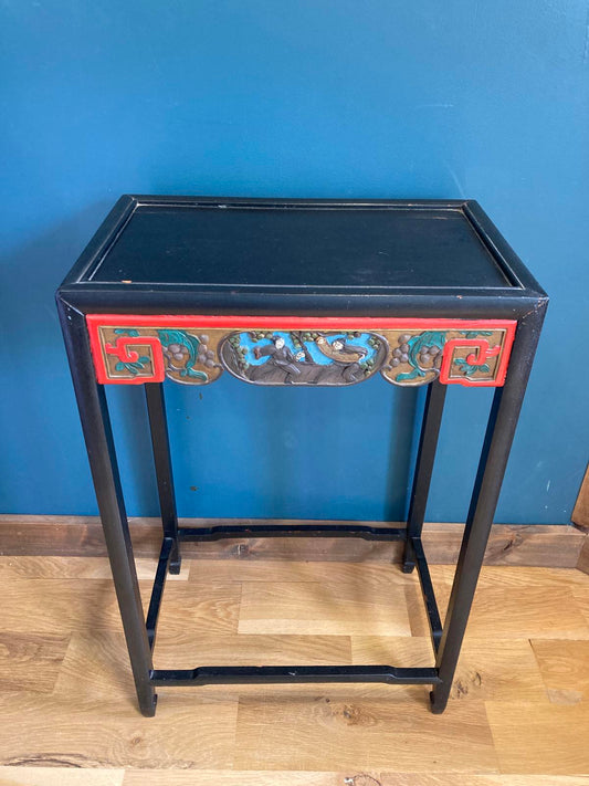 Vintage Asian Accent Table with Carved Painted Scene | Red & Black Lacquer Finish | Vintage Finds