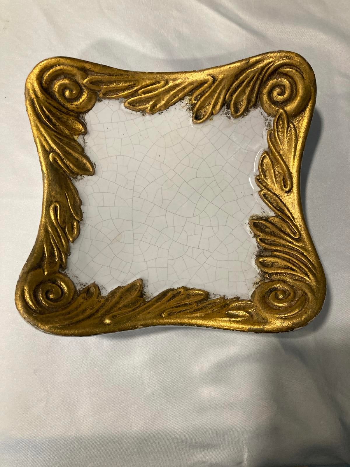 Vintage Italian Gold Gilt Square Dish with Crackle Glaze