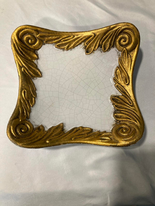 Vintage Italian Gold Gilt Square Dish with Crackle Glaze