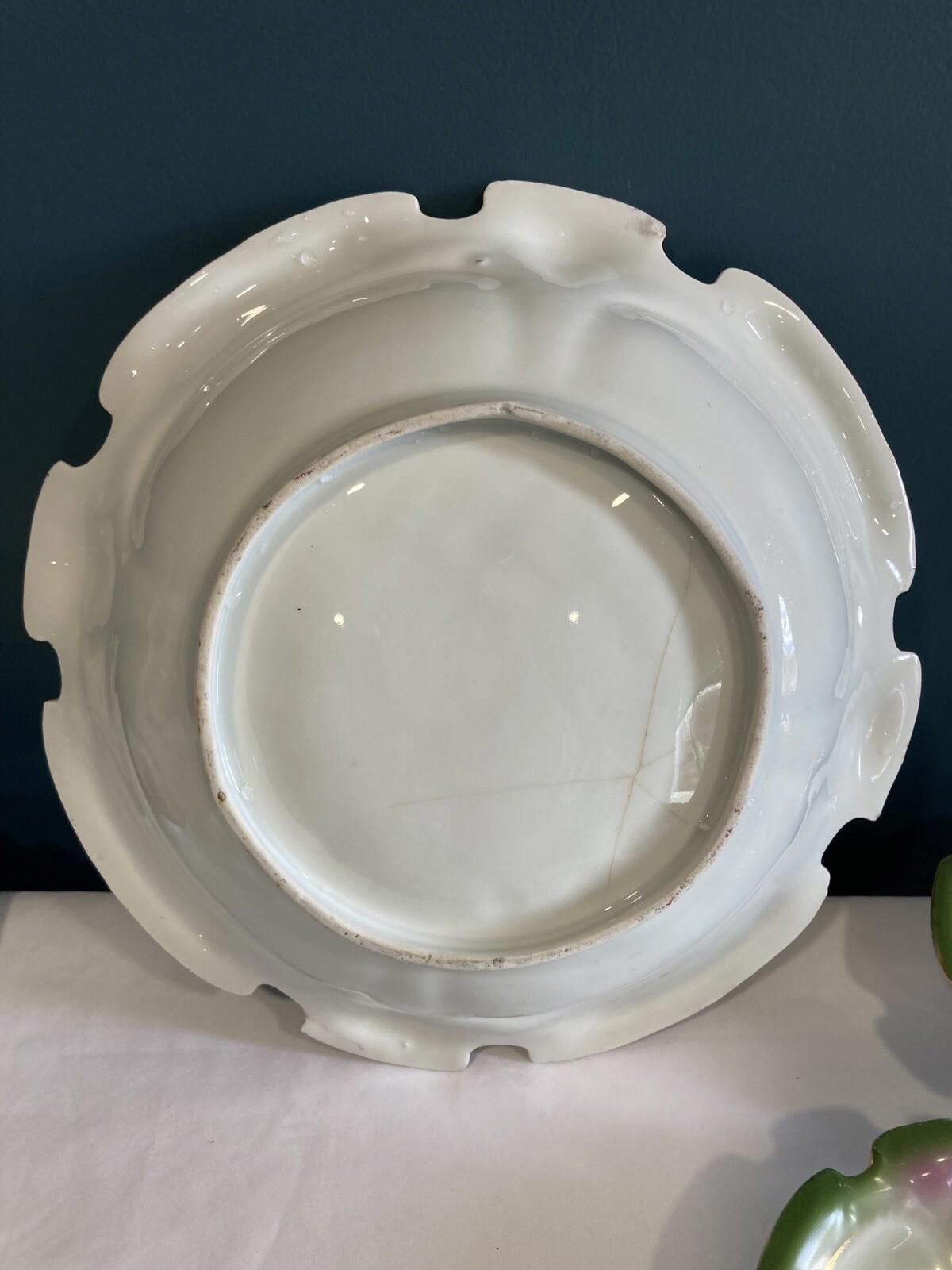 Antique German Porcelain Bowl Set – Green & Floral Scalloped Edge – Set of 7