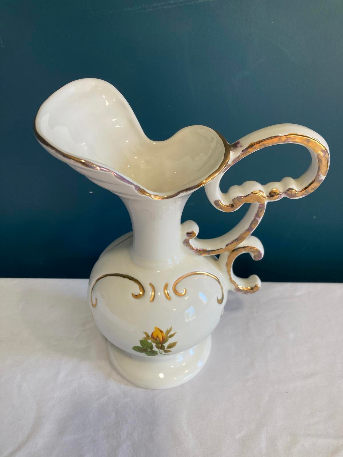 Porcelain Pitcher Vase with Gold Trim and Floral Design – Elegant Vintage Finds