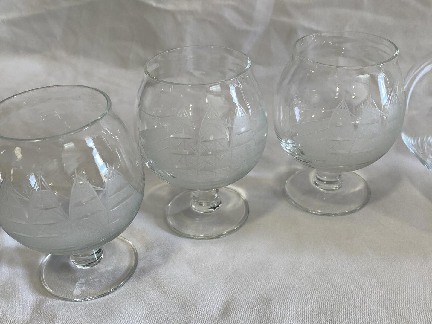 Midcentury Toscany Brandy Decanter with Etched Ships and 6 Glasses Vintage Bar