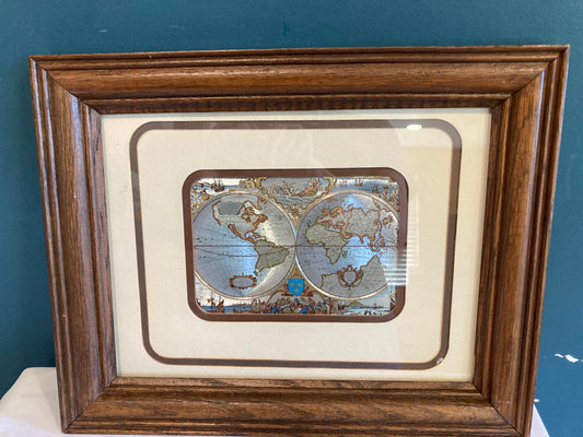 Framed Vintage World Map Print – Double Hemisphere Nautical Map