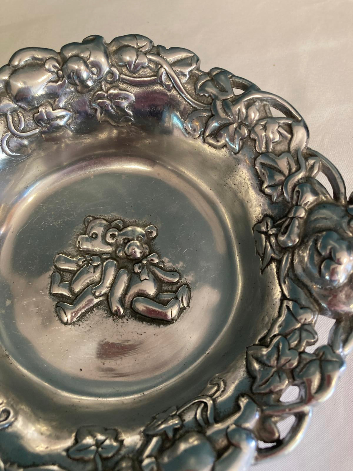 Arthur Court Teddy Bear Bowl Silver Aluminum Ornate Floral Rim