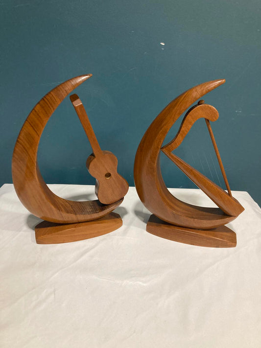 Vintage Wooden Harp & Guitar Bookends or Sculptures