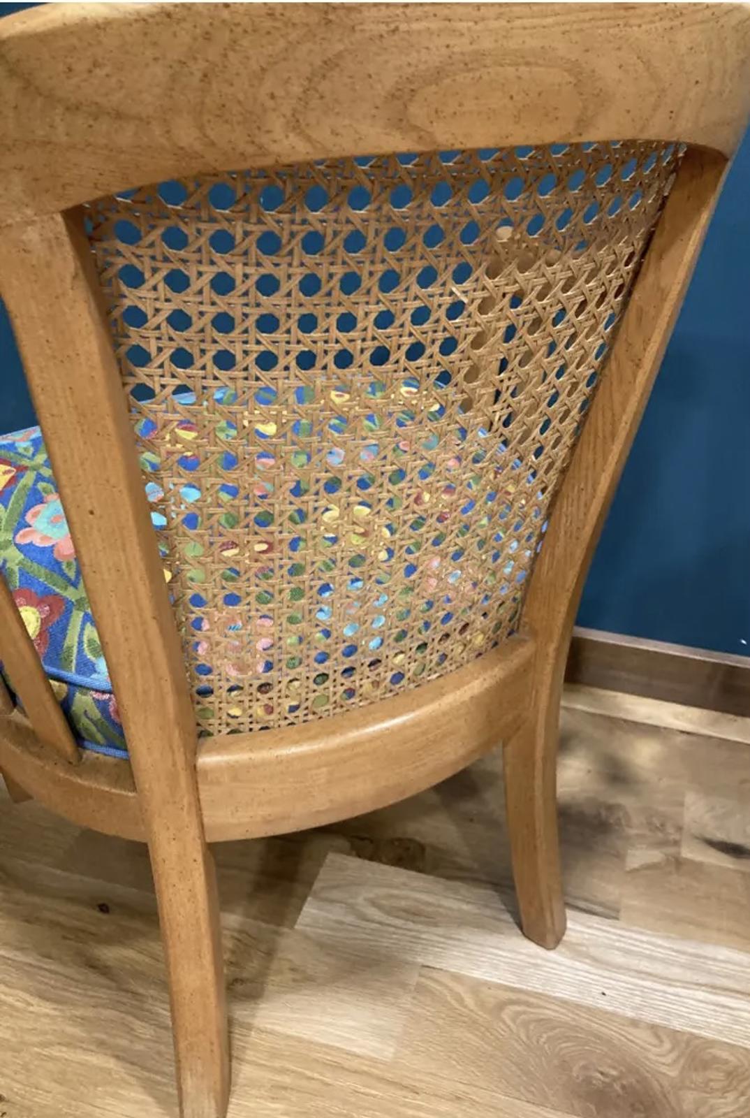 Vintage Cane Back Accent Chairs with Blue Floral Upholstery, Set of 2