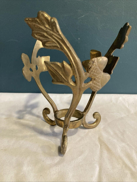 Vintage Solid Brass Leaves & Acorns Tripod Candle Holder – 6" Stand