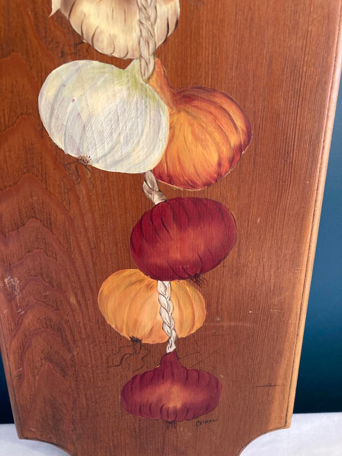 Vintage Midcentury Painted Wood Wall Hanging With Onions and Garlic
