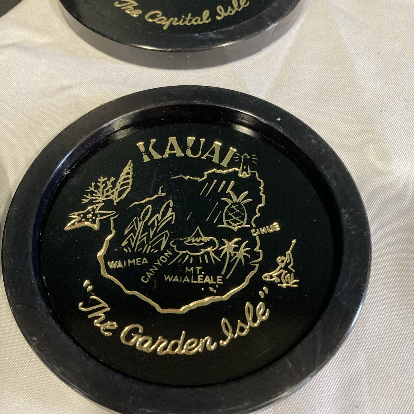 Vintage Black Plastic Hawaii Islands Coasters Set of 5 Round