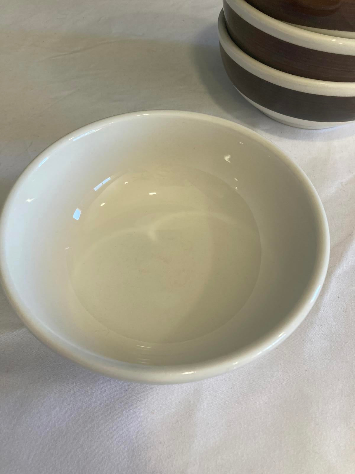 Vintage Homer Laughlin White Ceramic Bowls with Brown Woodgrain Stripe, Set of 6
