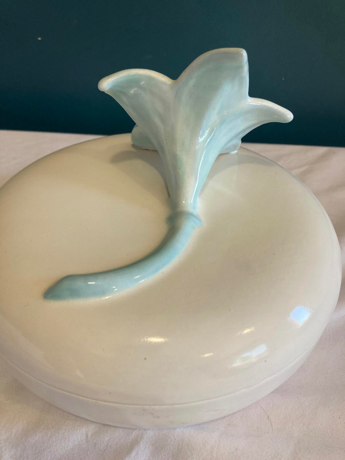 Vintage Haeger Pottery Lidded Dish with Aqua Lily Handle – Floral Ceramic Bowl