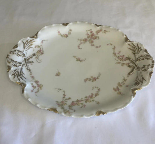 Oval Haviland & Co Limoges France Platter With Pink Roses and Gold Trim 10.25”