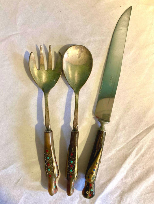 Vintage Parrot Handle Carved Wood Serving Utensils – with Knife, Fork & Spoon