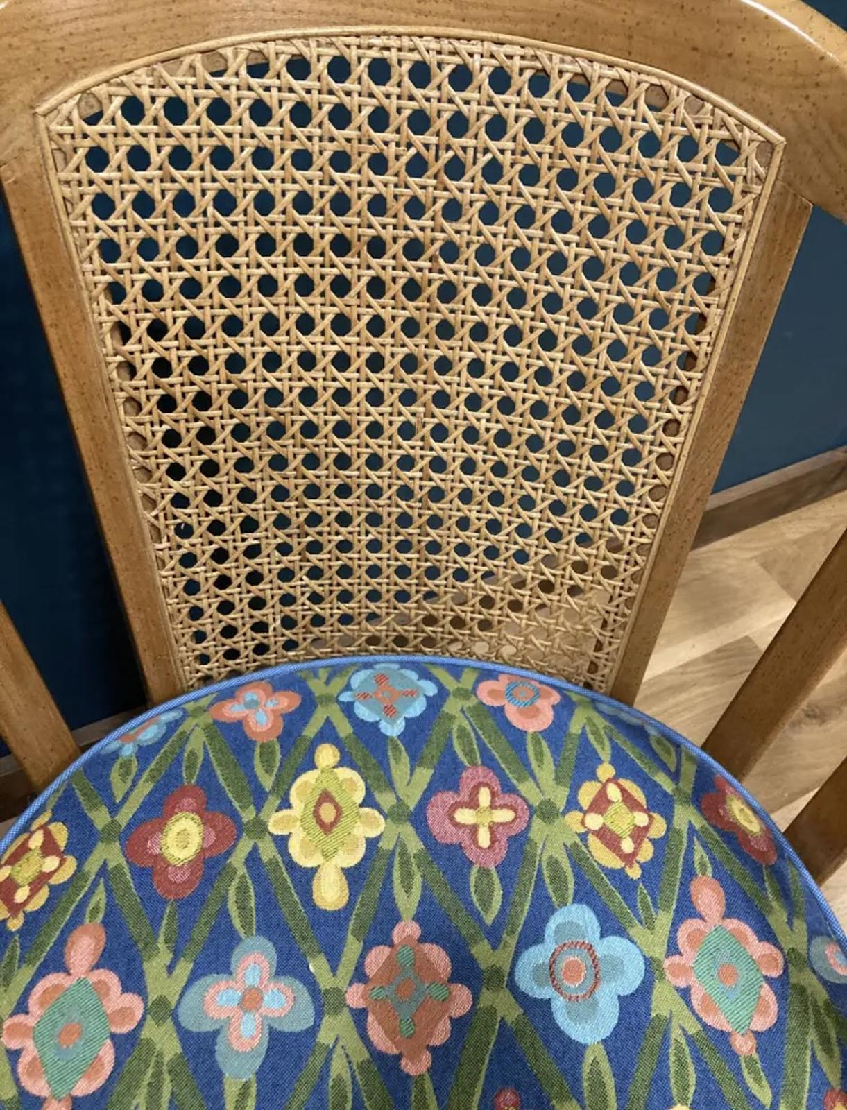 Vintage Cane Back Accent Chairs with Blue Floral Upholstery, Set of 2