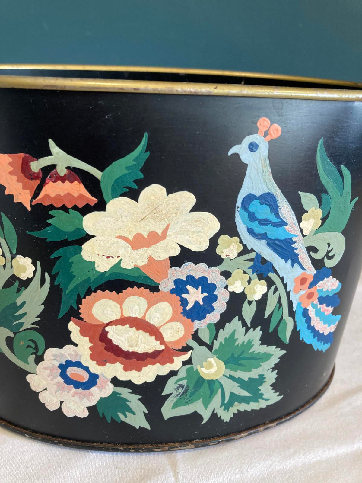 Vintage Toleware Small Oval Peacock Cachepot or Planter