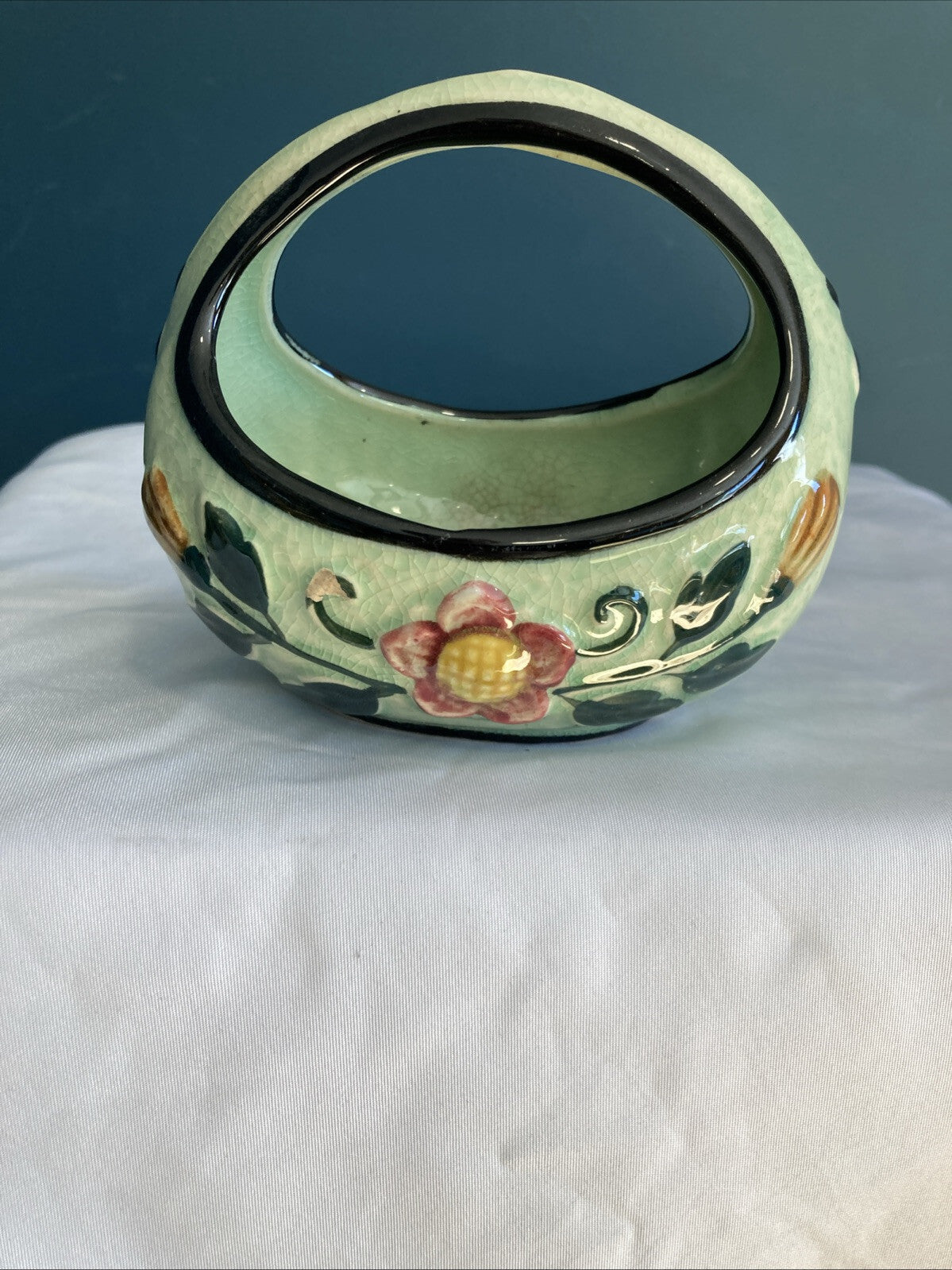Vintage Japan Ceramic Basket Hand Painted Flowers Green with Black Edge 4"
