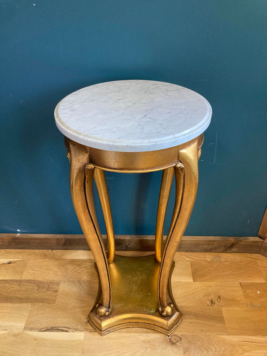 Vintage Giltwood Gold Pedestal Table with White Marble Top
