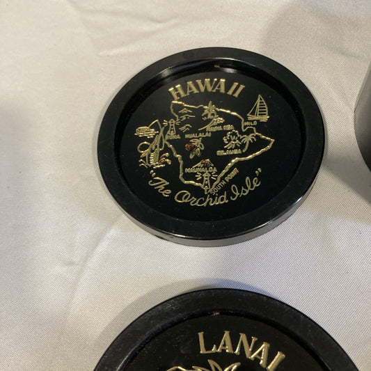 Vintage Black Plastic Hawaii Islands Coasters Set of 5 Round