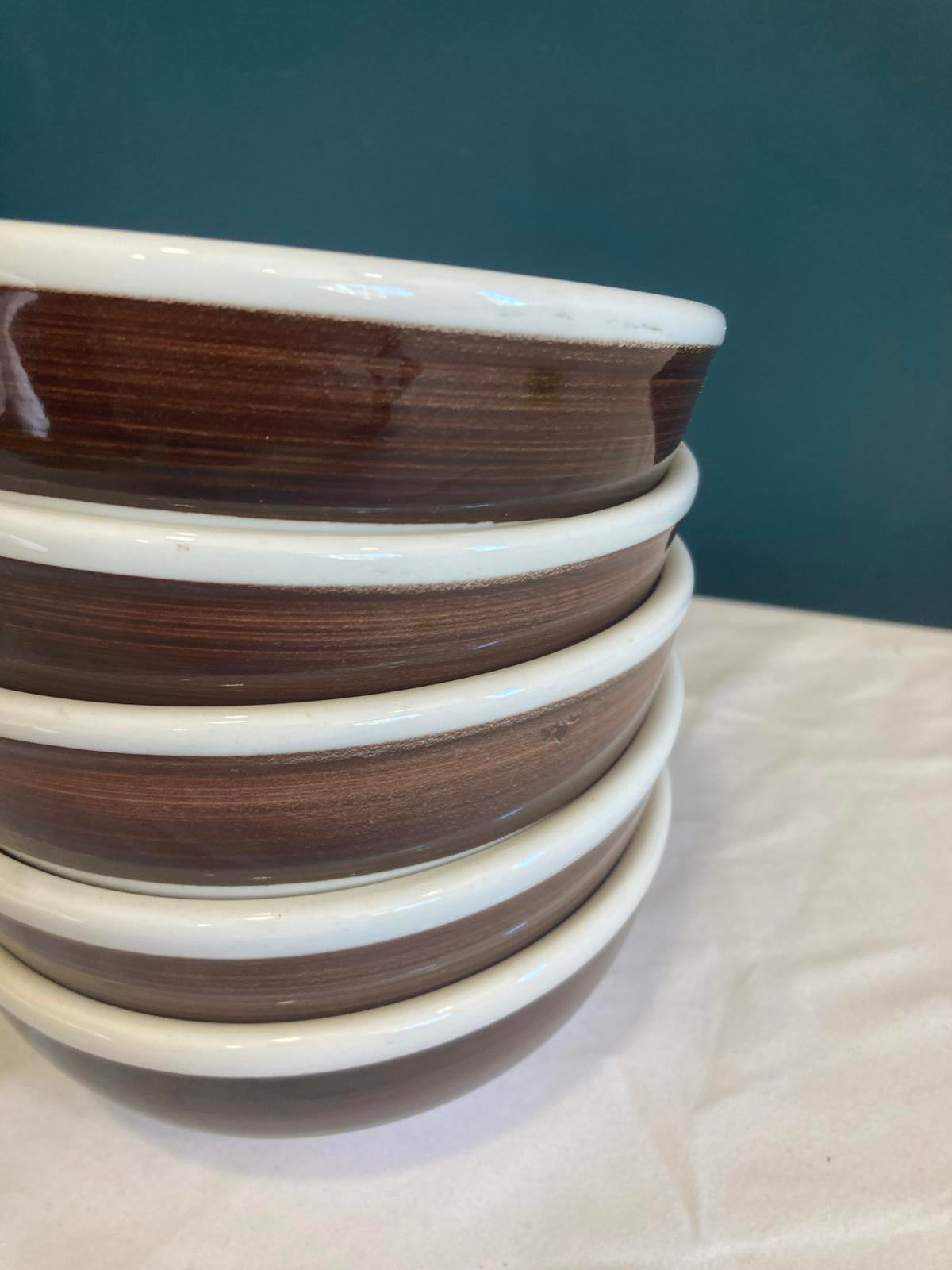 Vintage Homer Laughlin White Ceramic Bowls with Brown Woodgrain Stripe, Set of 6