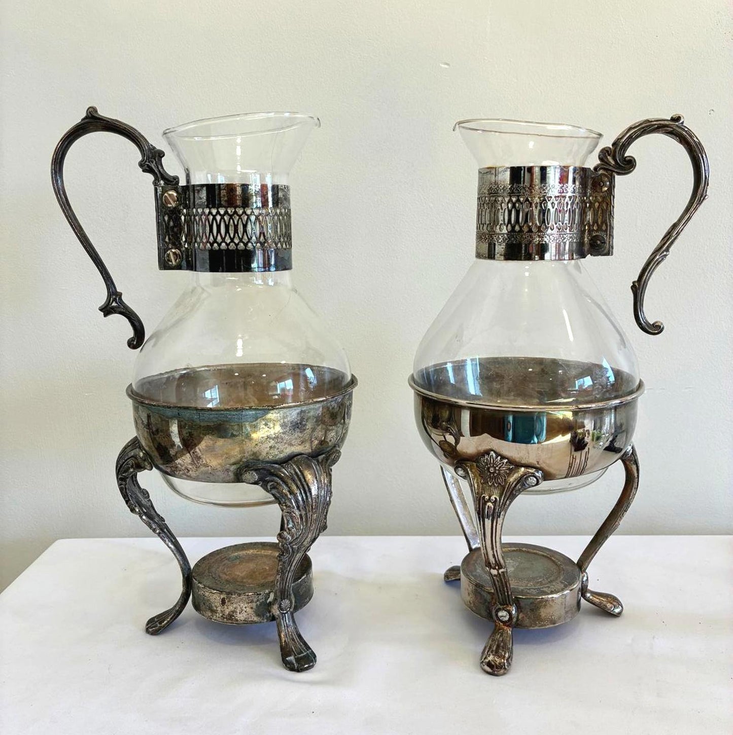 Vintage Glass Coffee Pots with Silverplate Holders Pair Victorian Style