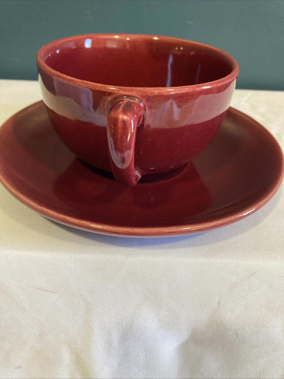 Vintage Bauer Pottery Red Moderne Cup and Saucer Set Los Angeles