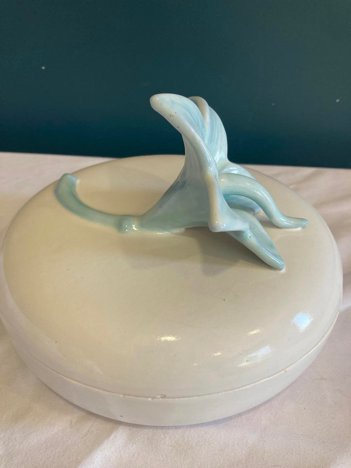 Vintage Haeger Pottery Lidded Dish with Aqua Lily Handle – Floral Ceramic Bowl