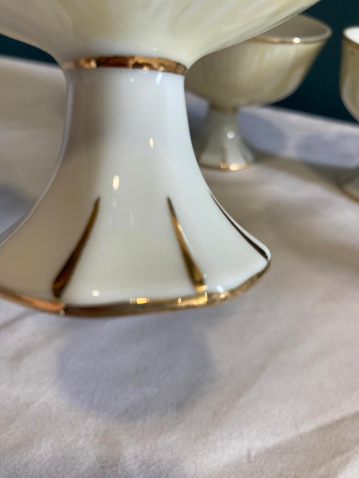 Vintage Luster Pedestal Dessert Bowls Iridescent Porcelain with Gold Trim