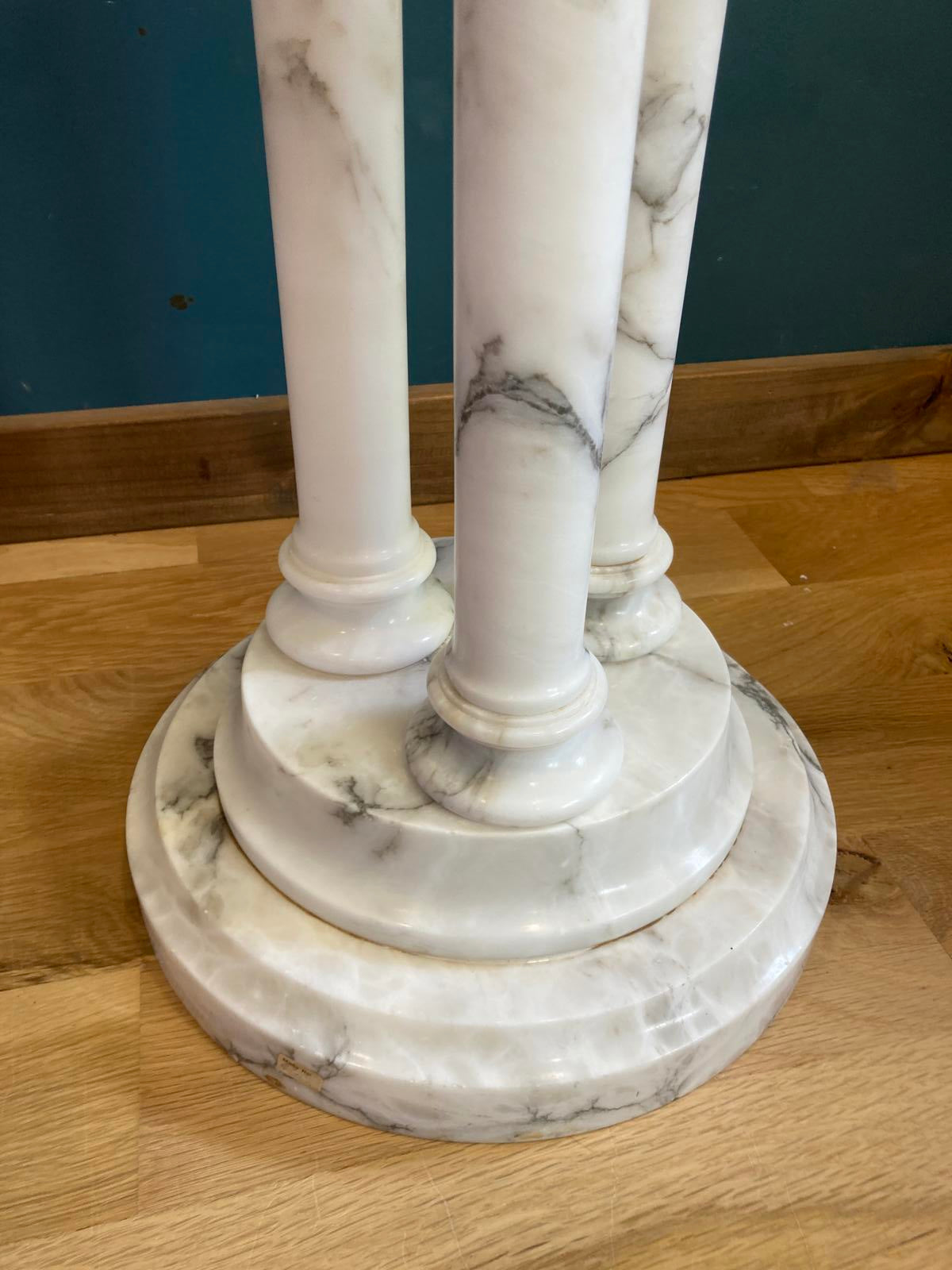 Vintage White Italian Marble Pedestal Stand with Three Columns