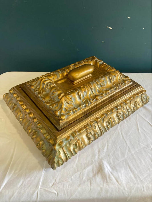 Large Gold Carved Wood Decorative Box with Lid
