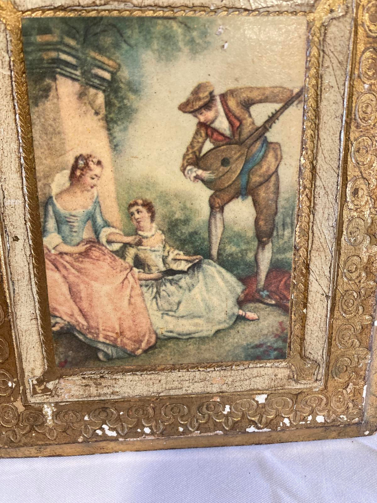 Vintage Italian Gold Framed Romantic Scene on Wood
