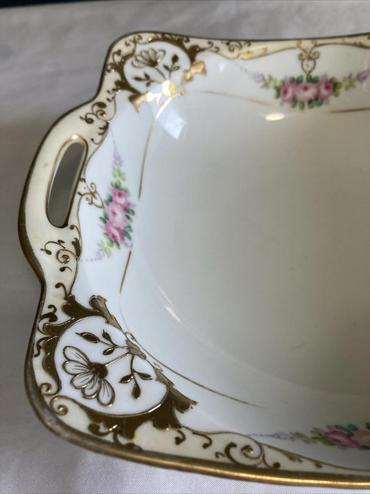 Antique Nippon Dish Bowl with Hand Painted Roses and Gold Details