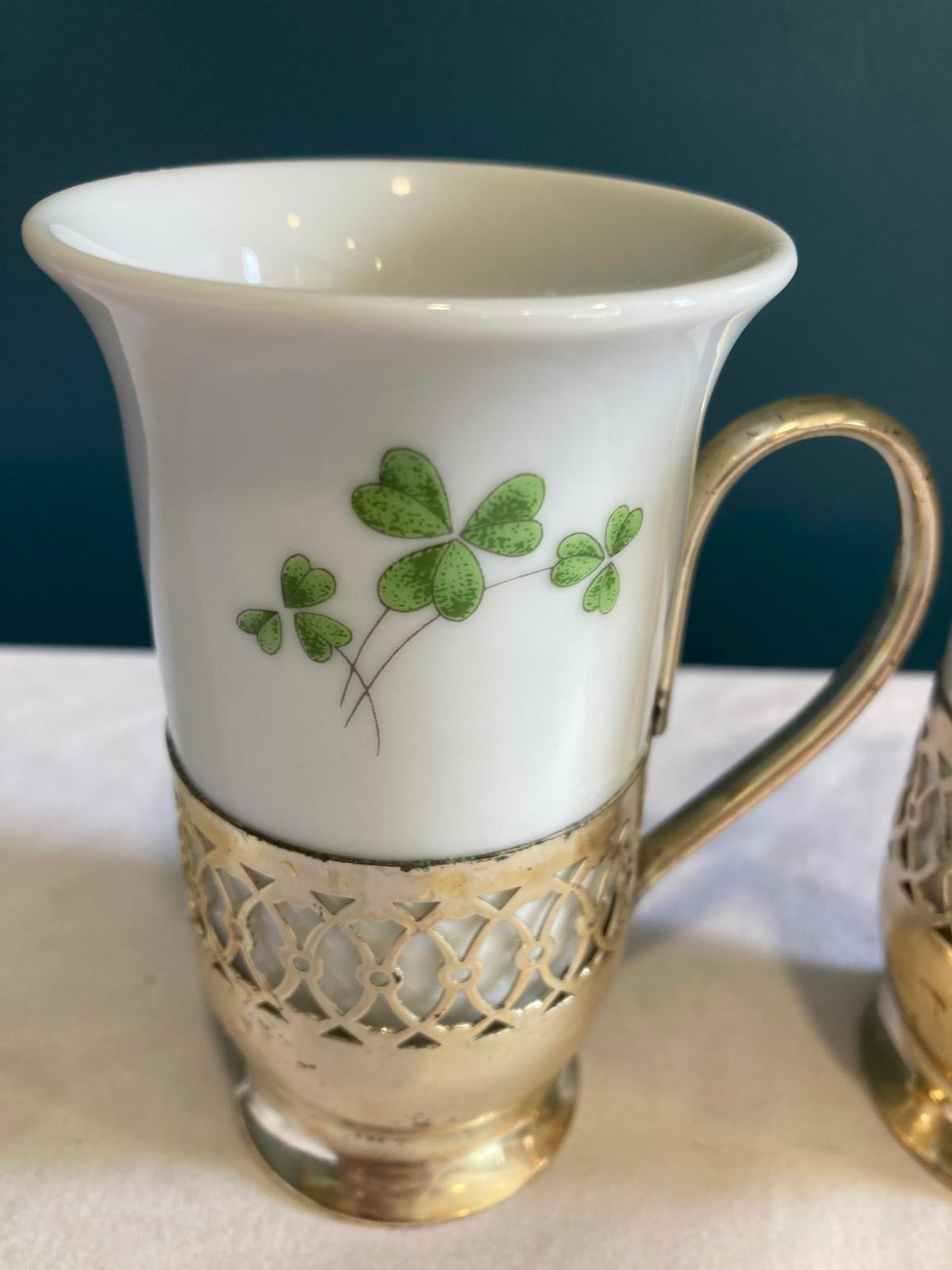 Vintage Shamrock Porcelain Mugs with Silver Holders, Irish Coffee Cups