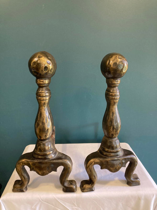 Pair of Vintage Brass and Cast Iron Andirons