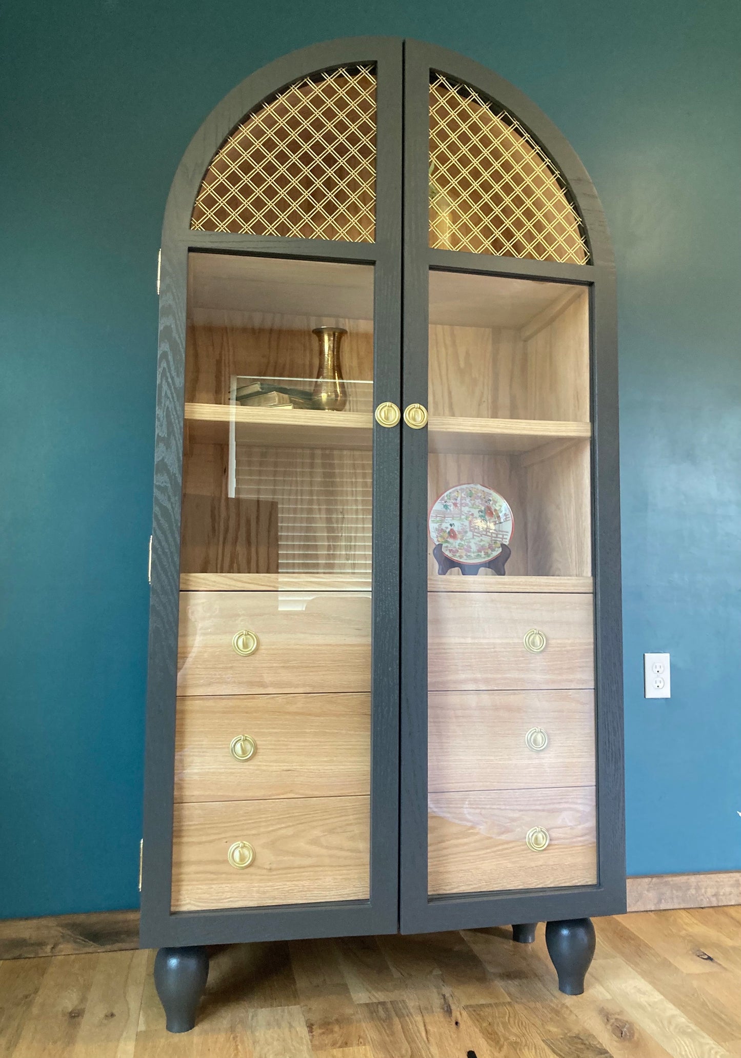 Two (2) New Hand Crafted Arched Cabinet with 3 Drawers For Lowengart Cient
