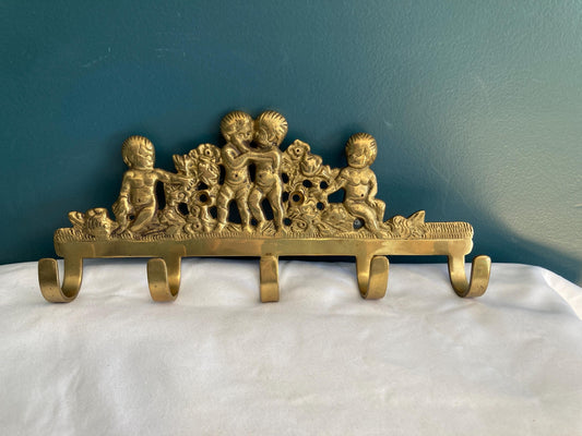 Vintage Solid Brass Cherub Hanger With 5 Hooks