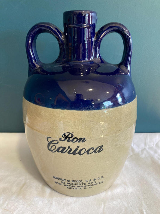 Large Pottery Crock Ron Carioca Rum Jug, Blue & Tan Stoneware, Rustic Bar Decor, Vintage Finds