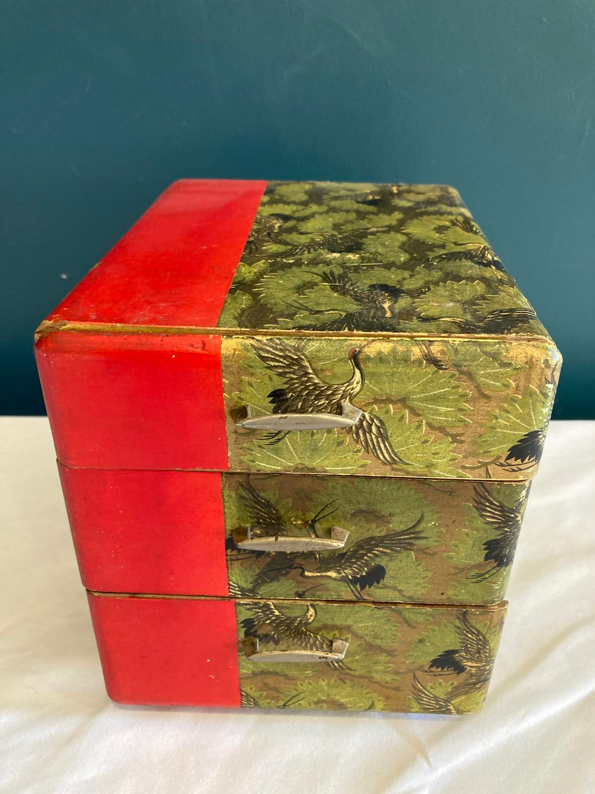 Early 20th Century Japanese Small 3 Drawer Box With Papered Cranes
