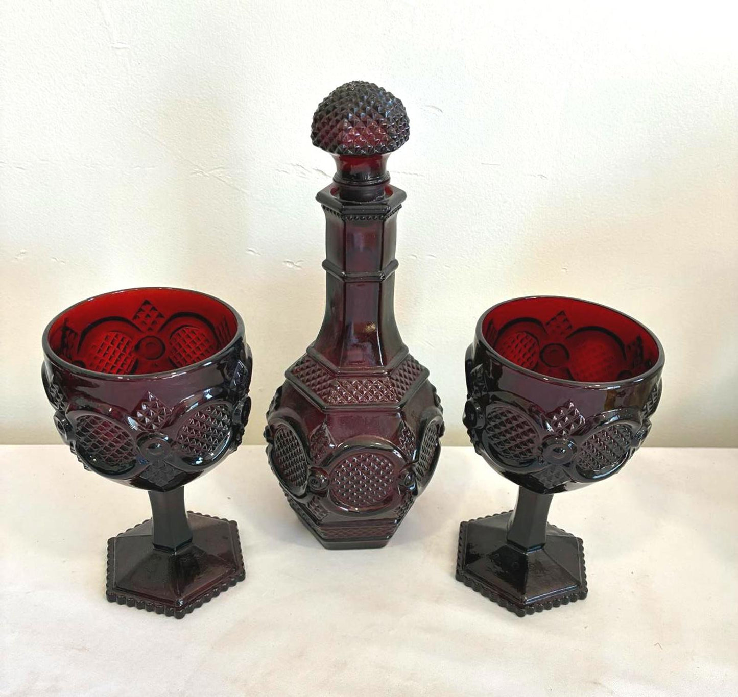 Avon Cape Cod Ruby Red Decanter and Goblets Set Vintage Red Glass Barware