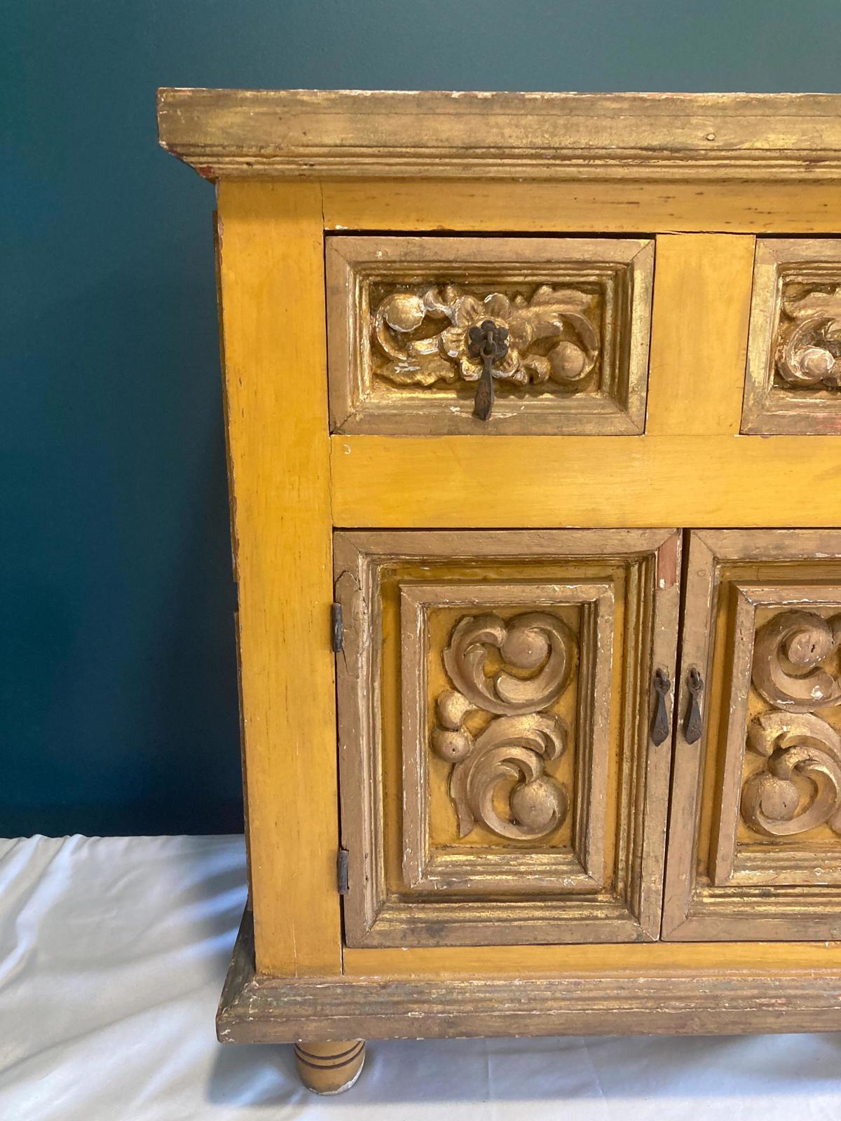 Antique Hand Carved Yellow and Gold Small Painted Wood Cabinet