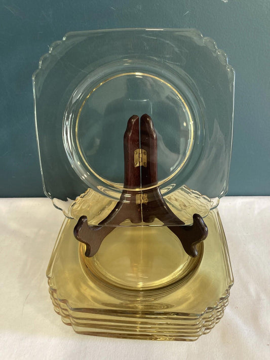 8 Octagon Amber Glass,  Salad Or Dessert Plate Yellow Glass 7” Vintage Set Of 8