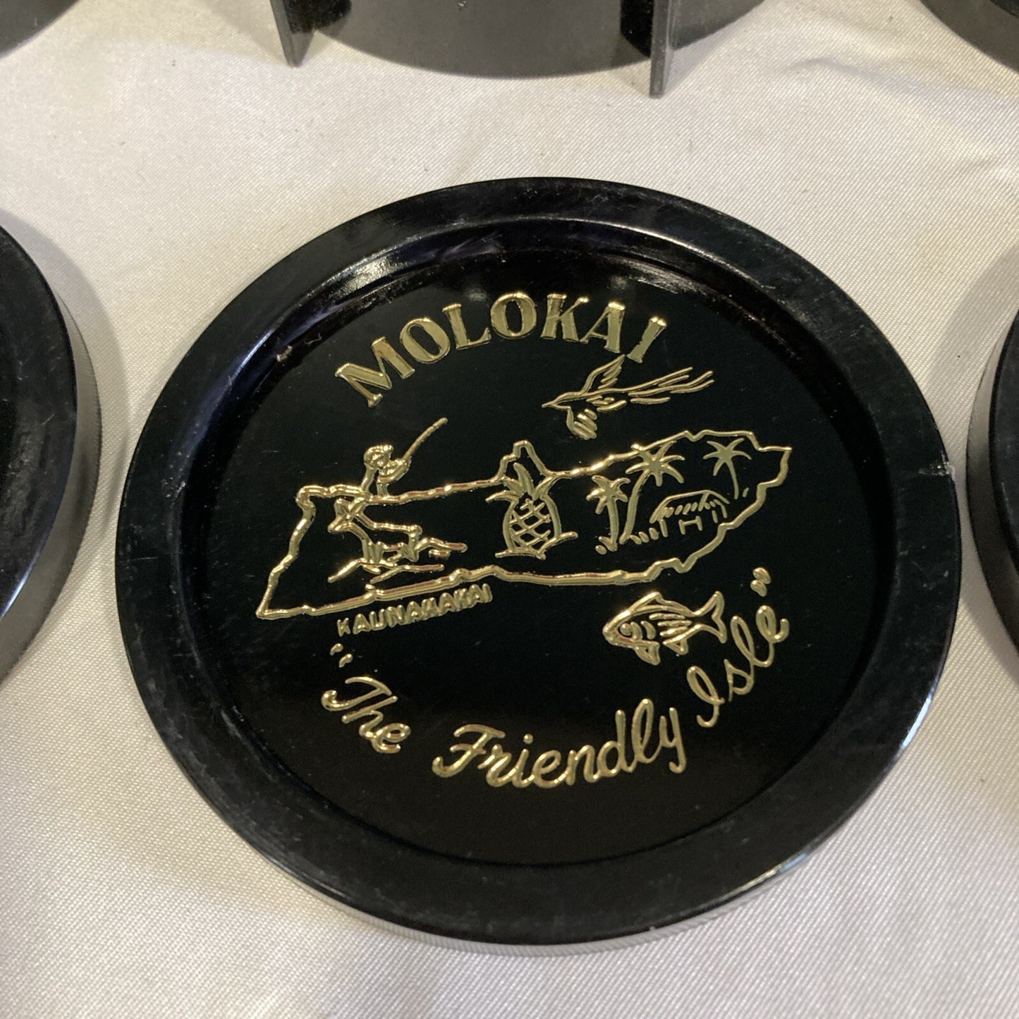 Vintage Black Plastic Hawaii Islands Coasters Set of 5 Round