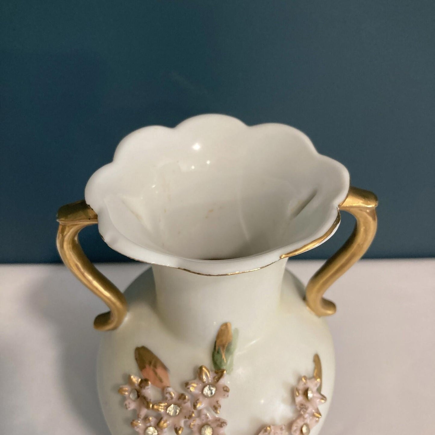 Vintage Porcelain Vase with Gold Handles and Floral Relief