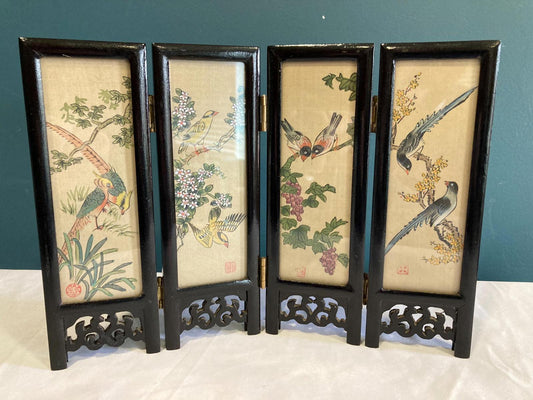Vintage Small Asian Folding Table Top Hand Painted Screen